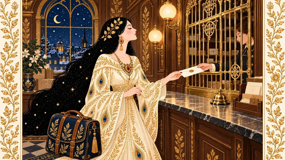 IRIS collecting a held letter at an ornate post office window marked only by a brass bell.