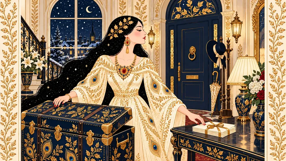 IRIS packing a travel trunk while a neat bundle of letters waits tied with gold ribbon on the hall table.