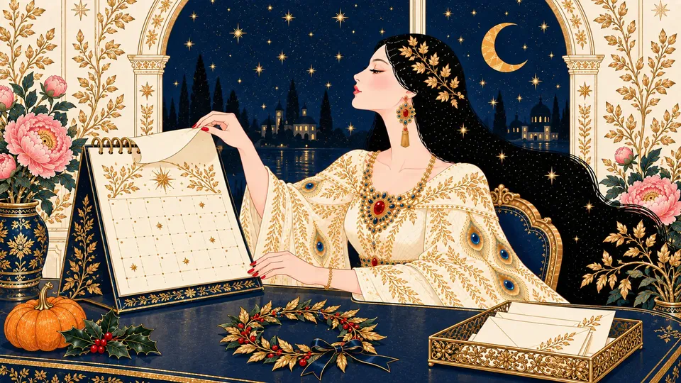 IRIS turning the pages of a desk calendar marked with gold stars, beside a pumpkin, holly, and a tray of waiting envelopes.