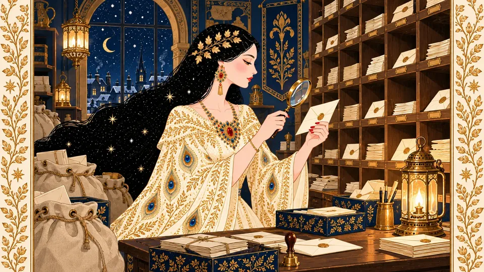 IRIS searching a lantern-lit mail sorting room for a missing envelope with a brass magnifying glass.