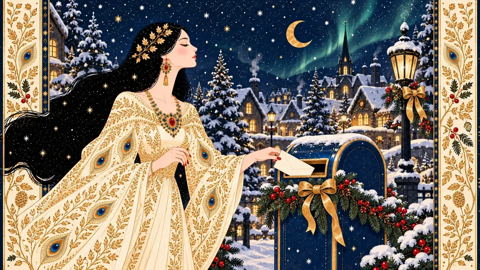 IRIS dropping a letter addressed to Santa into a pine-trimmed blue mailbox under a starry North Pole sky.