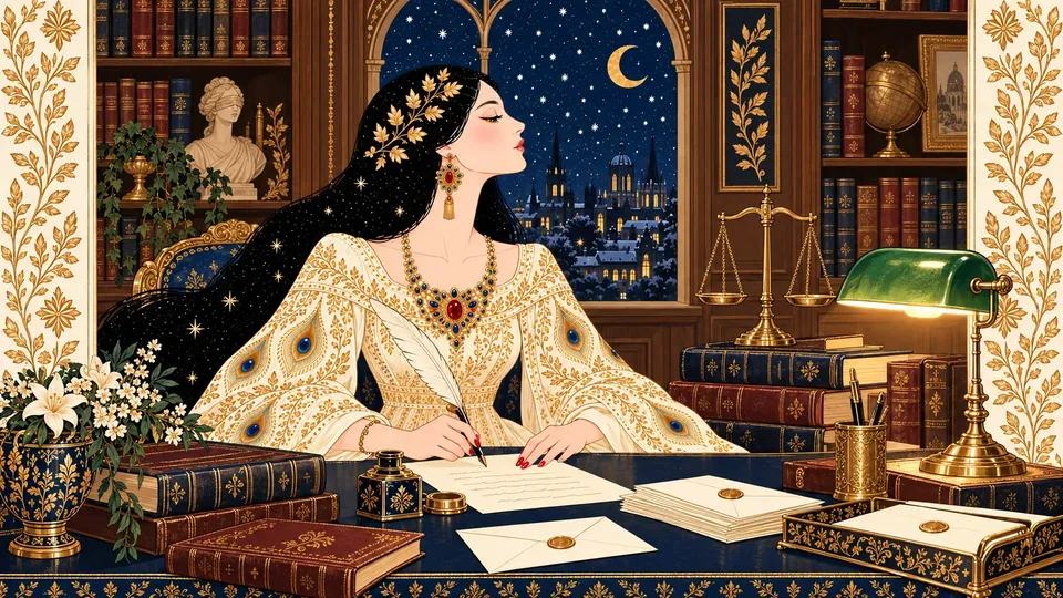 IRIS addressing a cream envelope to a law office at a navy desk lined with leather-bound law books.