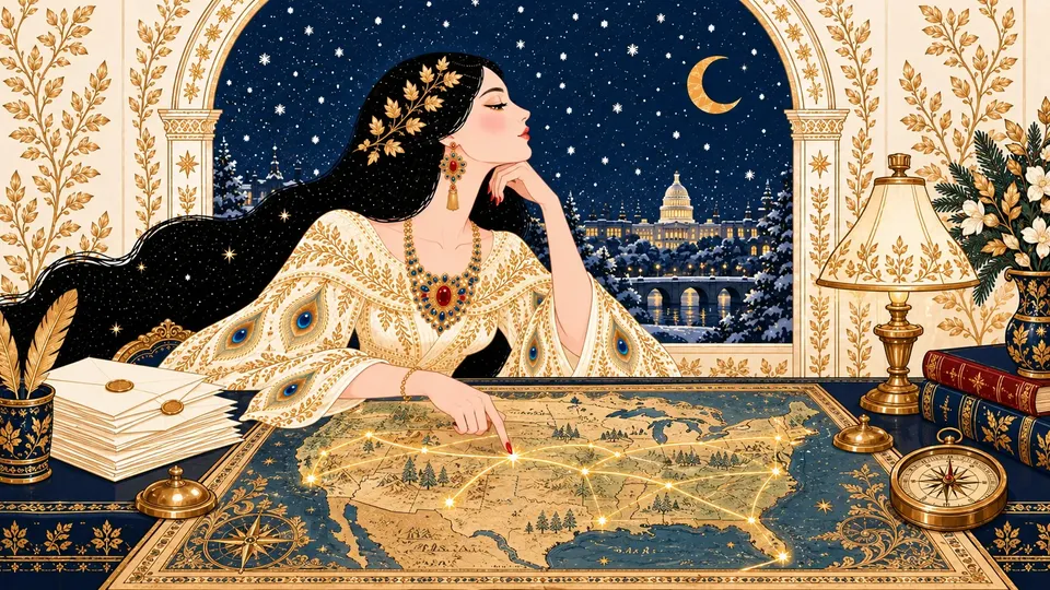 IRIS tracing gold routes between glowing regions on an antique map of the United States beside a stack of letters.