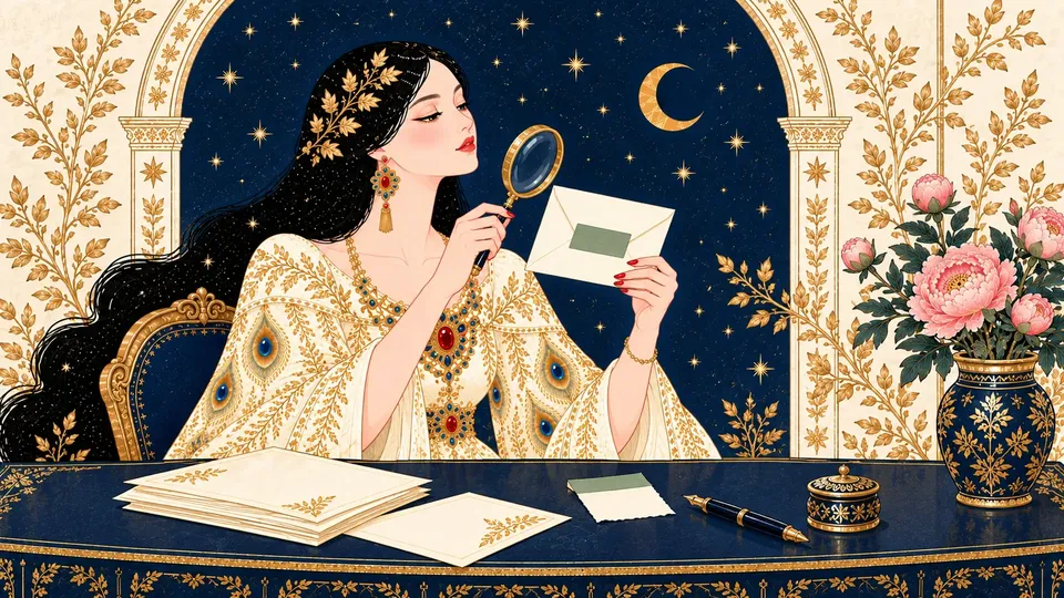 IRIS studying a letter with a green certified label beside a torn-off receipt and a gold magnifying glass.
