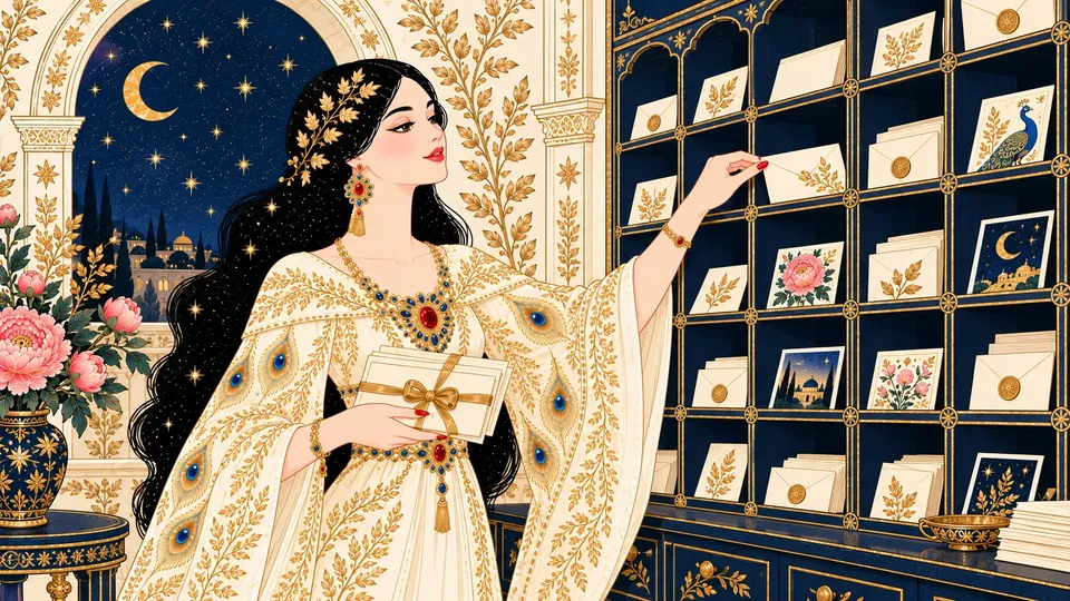 IRIS sorting stamped letters and postcards into a wall of navy pigeonhole cubbies trimmed in gold.
