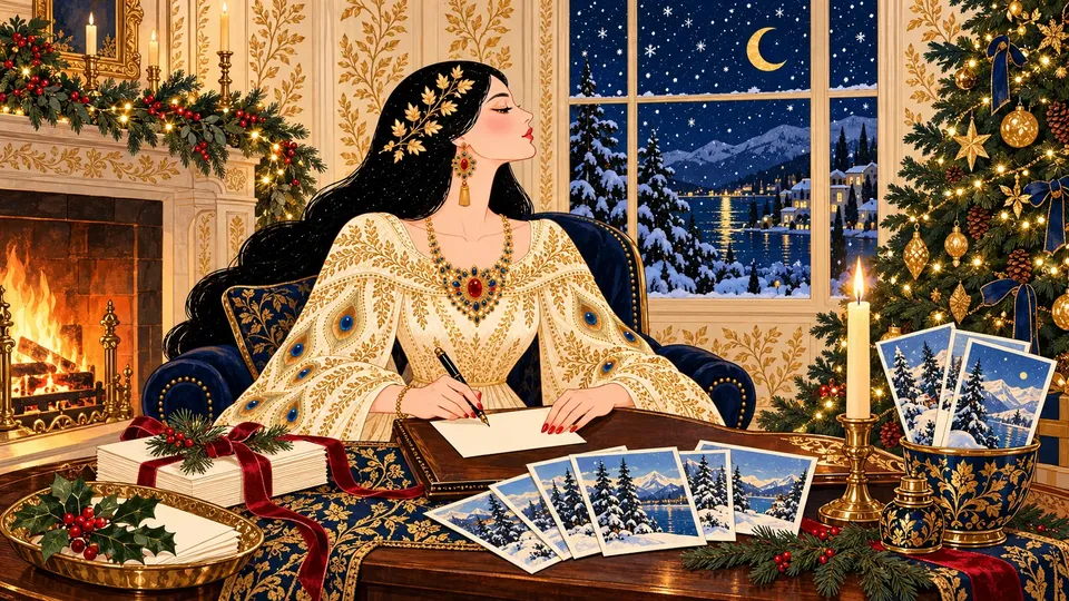 IRIS writing a Christmas postcard by the fireplace beside a decorated tree, with winter postcards and holly on the desk.