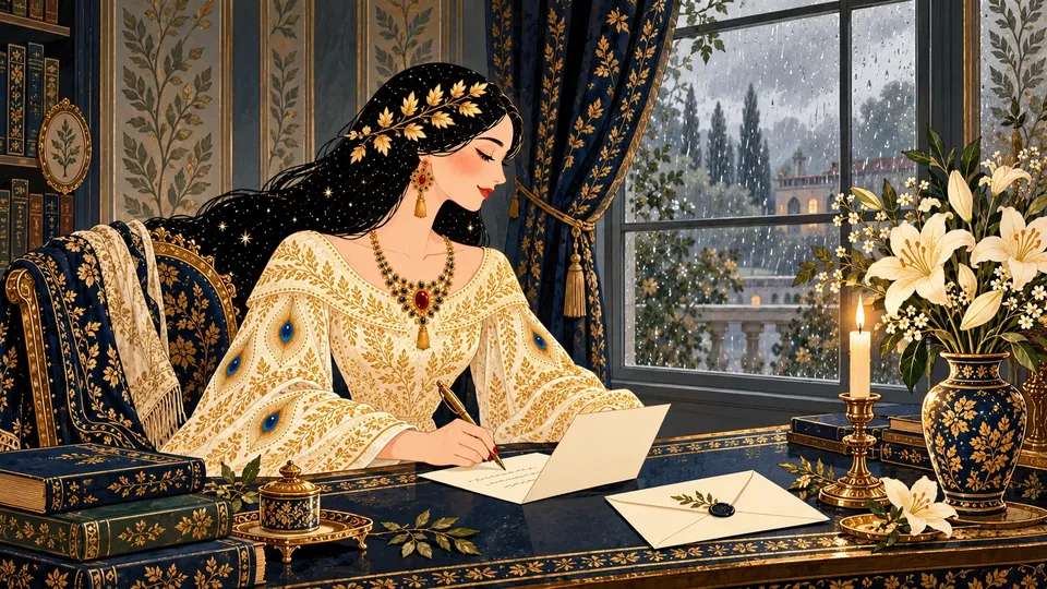 IRIS quietly writing in a plain sympathy card beside white lilies and a lit candle on a rainy afternoon.