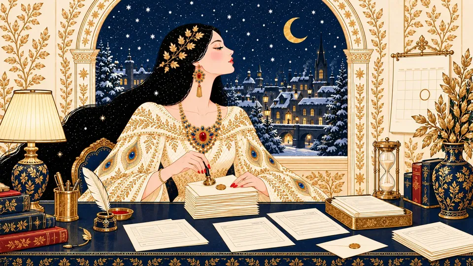 IRIS sealing a stack of tax-form envelopes at a navy desk beside an hourglass and a winter calendar.