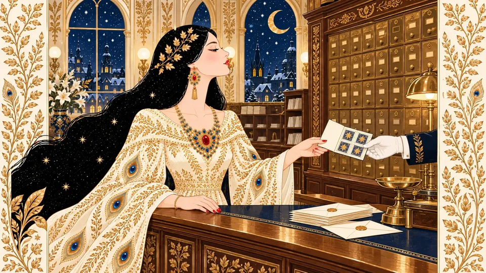 IRIS buying a booklet of stamps at an ornate post office counter lined with brass postal boxes.