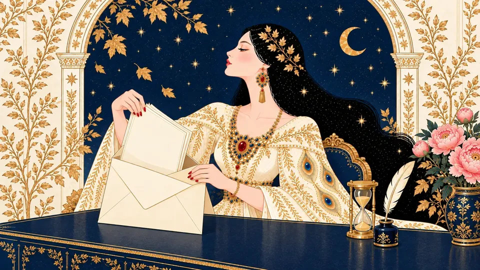 IRIS sliding a signed tax return packet into a large envelope beside an hourglass and a quill pen.