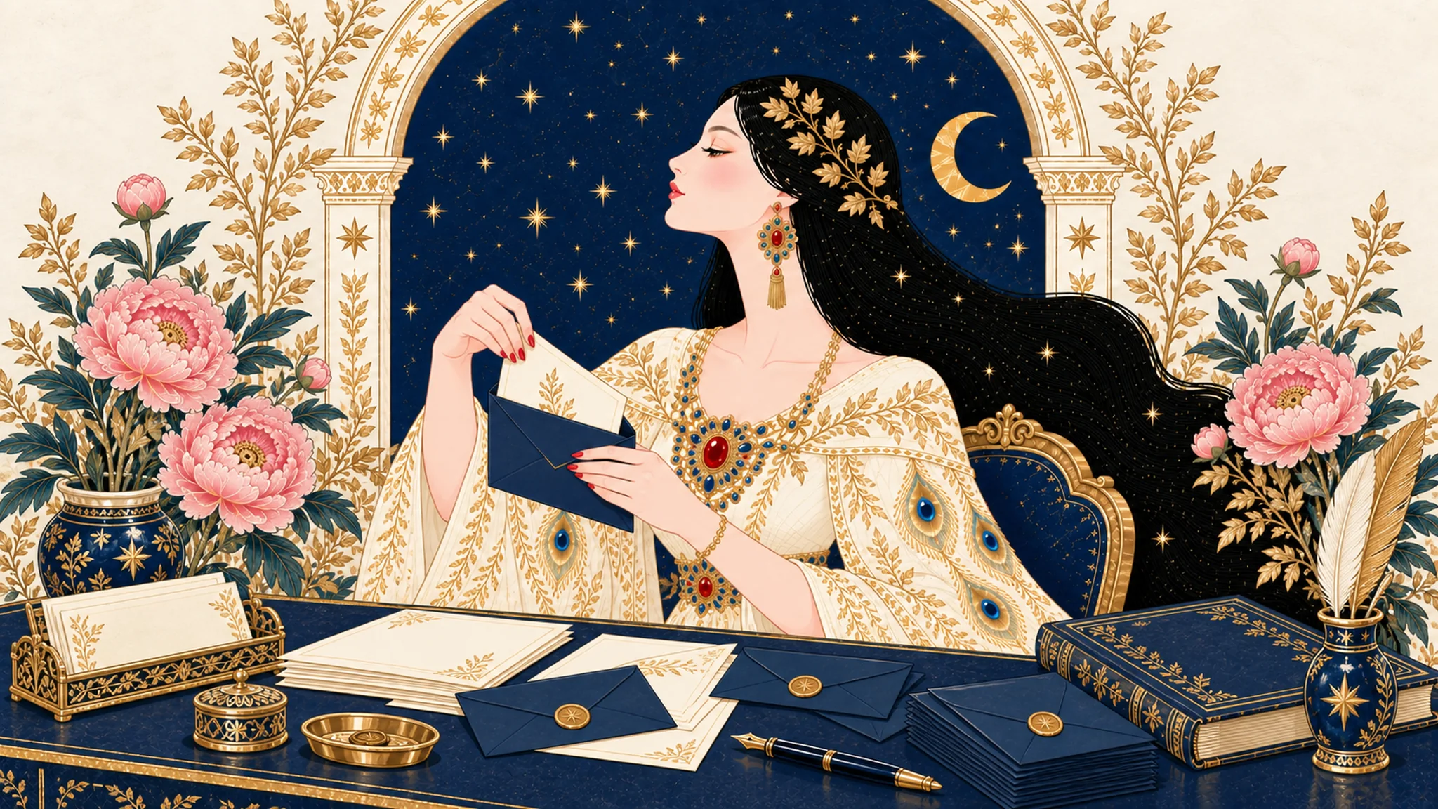 IRIS, the illustrated messenger, preparing paper correspondence at a navy and gold writing desk