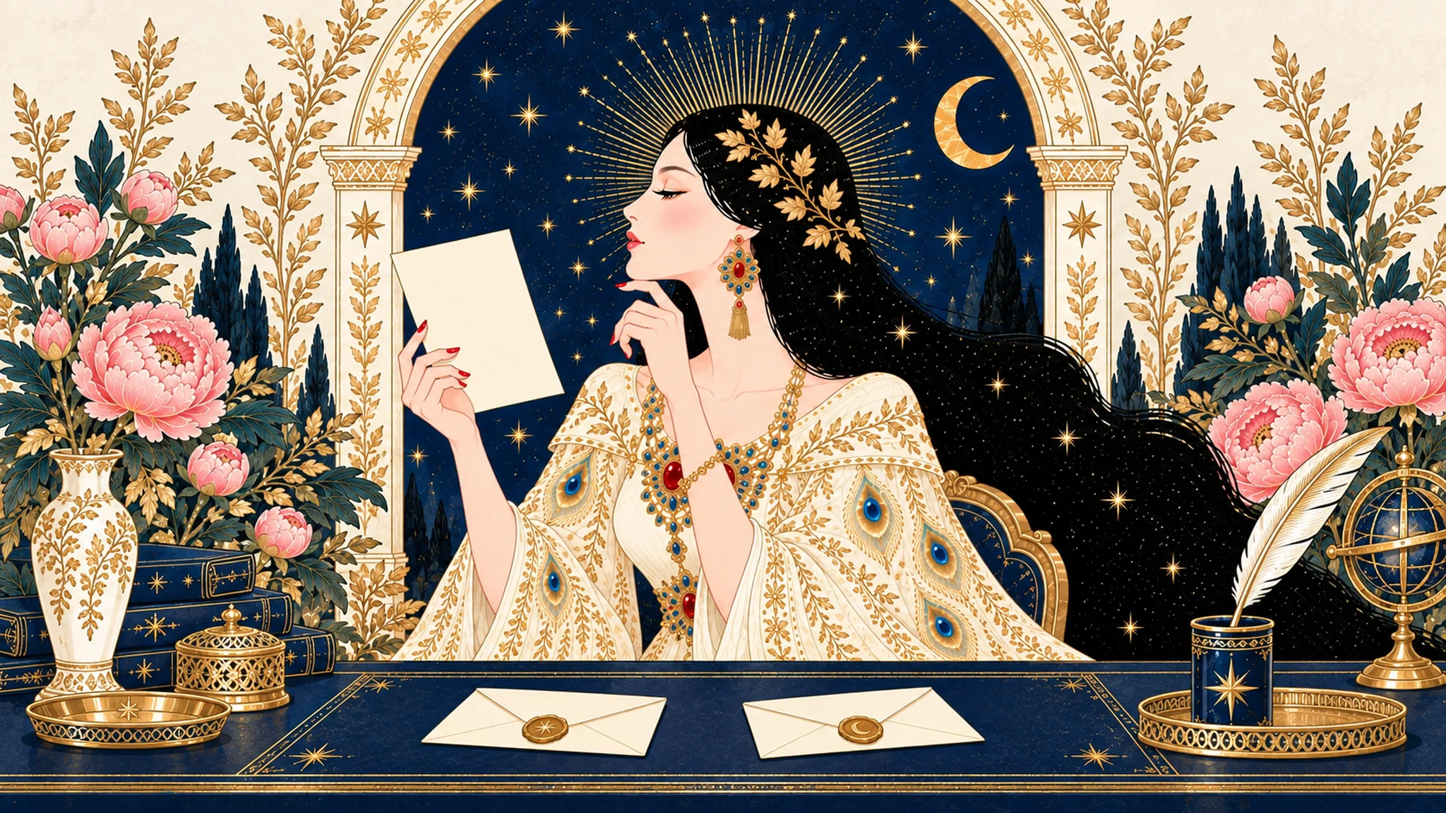IRIS, the black-haired postal messenger, compares a blank ivory letter with two sealed envelopes on a navy writing desk beneath a gold-starred arch.