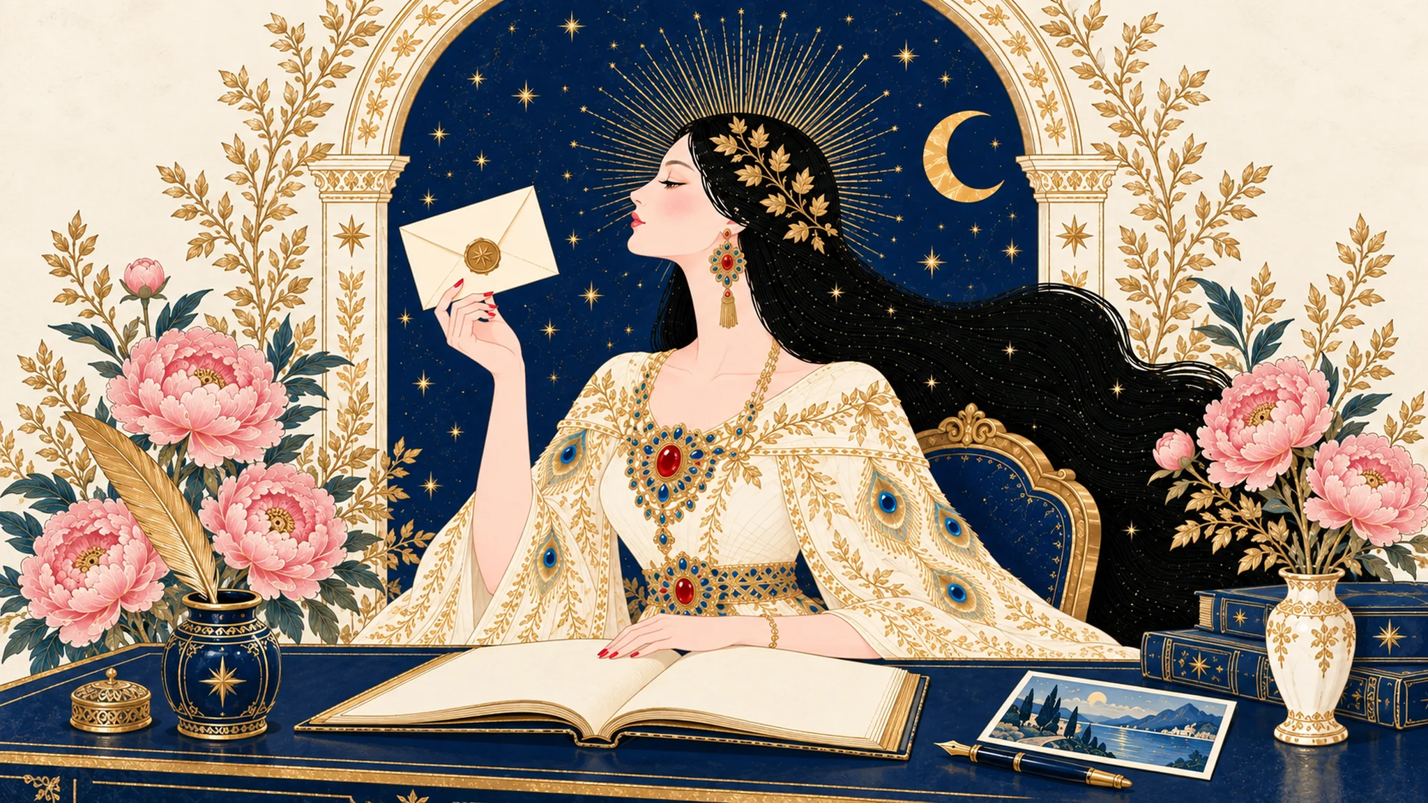 IRIS holding a sealed letter above an open guidebook, framed by gold botanical ornament and a navy celestial arch.