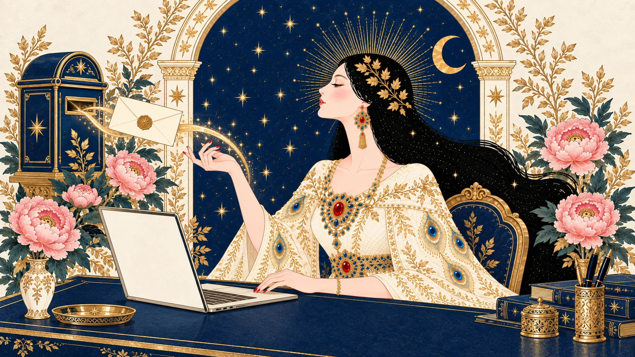 IRIS at a laptop sending a letter toward a navy postbox, surrounded by cream and gold botanical artwork