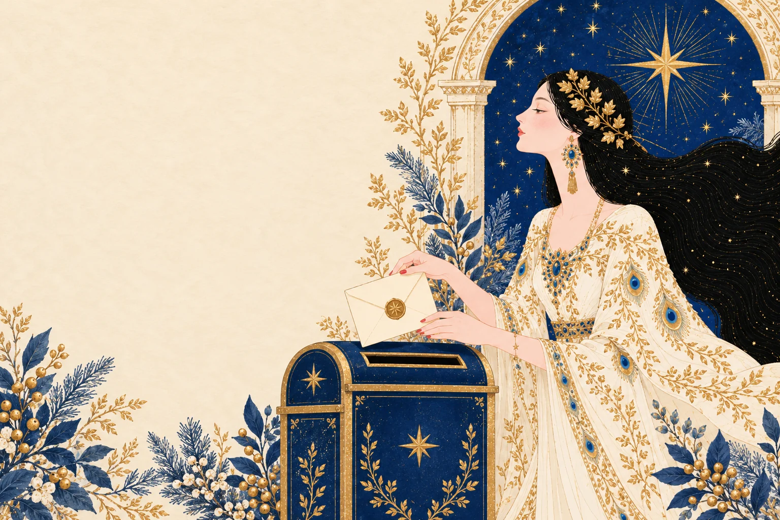 The IRIS lady messenger holds a holiday letter beside a navy mailbox, surrounded by winter branches and gold stars.