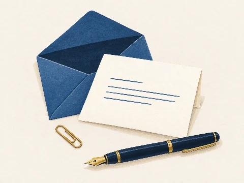 Cream stationery, an open navy envelope, and a gold-trimmed fountain pen
