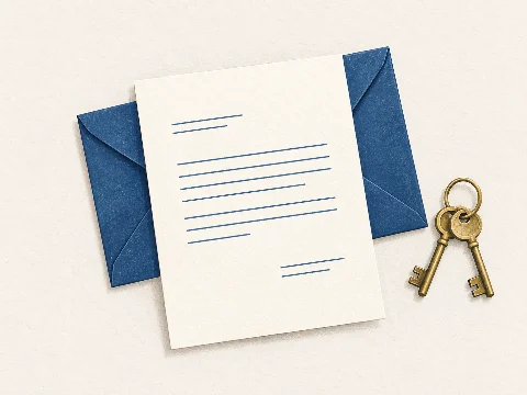 A letter and navy envelope beside a pair of house keys