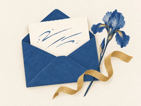 A handwritten note in a navy envelope with a blue iris and gold ribbon