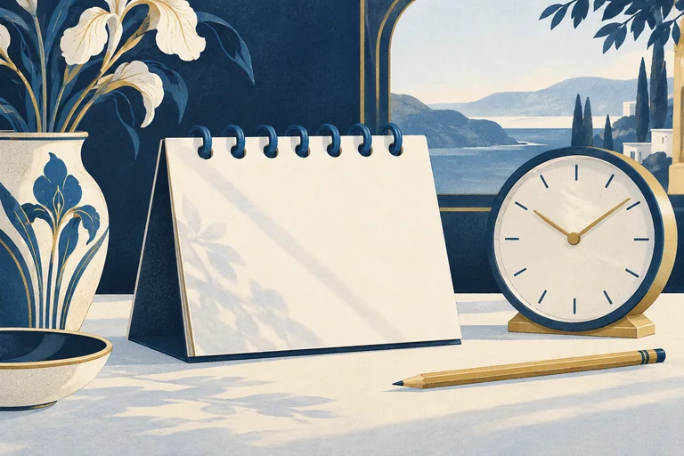 A blue and cream desk calendar, clock and gold pencil in an illustrated still life