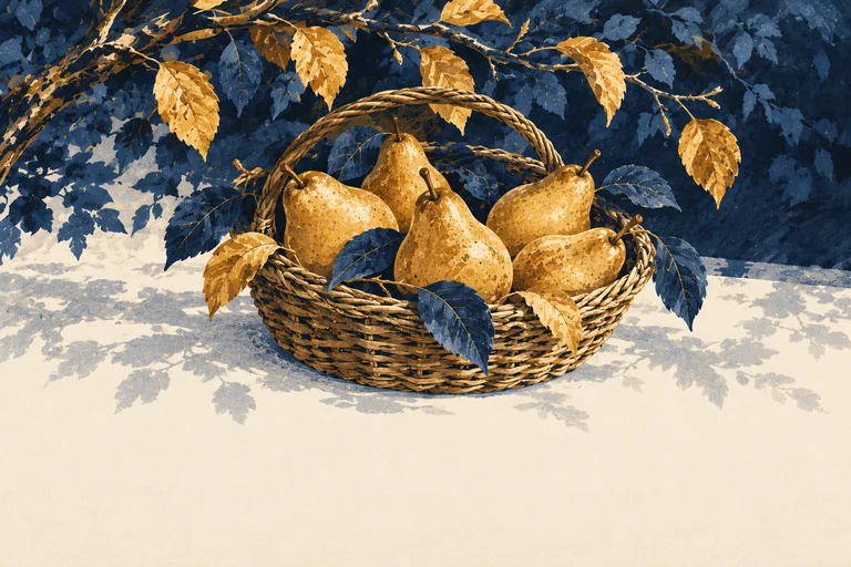 Five golden pears in a woven basket beneath blue and gold autumn leaves.