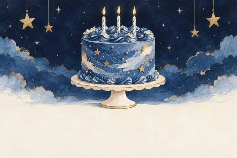 A blue birthday cake on a cream pedestal beneath small gold paper stars.