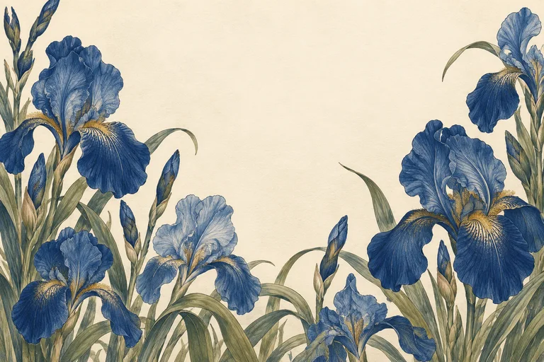Blue iris flowers and delicate botanical linework on warm ivory paper