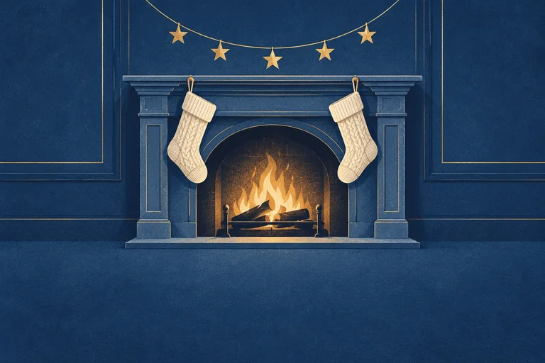 Two cream stockings hang from a blue mantel beneath a gold star garland and above a glowing fire.