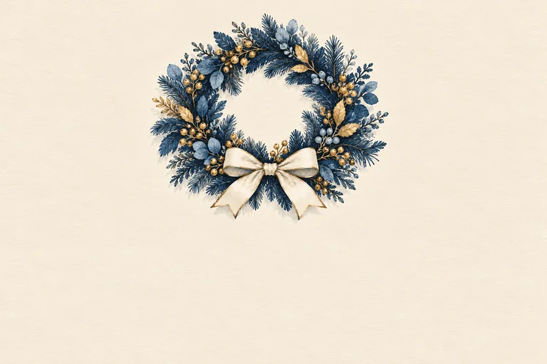 A blue botanical Christmas wreath with gold berries and a cream ribbon on ivory paper.