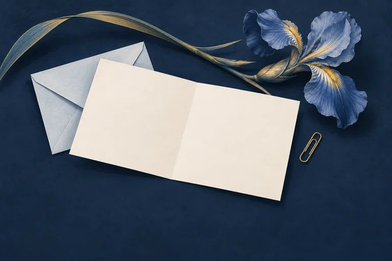 A cream note and blue iris on a navy desk with a small golden paper clip