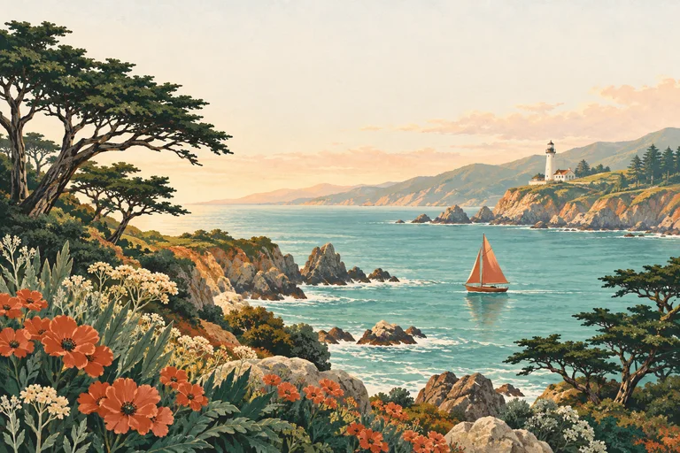 A coastal sailboat and lighthouse framed by wildflowers in a hand-printed illustration