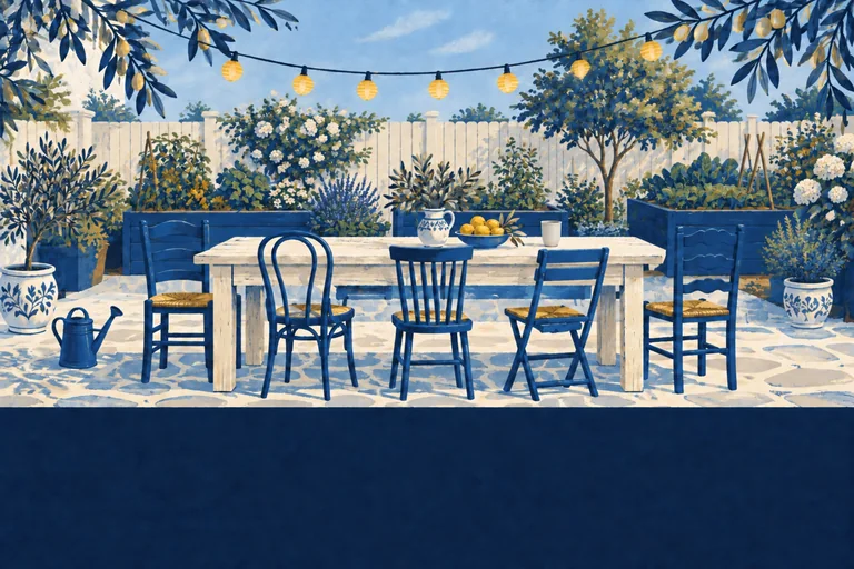 Blue chairs surround a cream community table beneath small gold lights, with a watering can nearby.