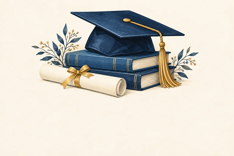 A navy graduation cap and cream diploma with a gold ribbon rest above a small stack of blue books.