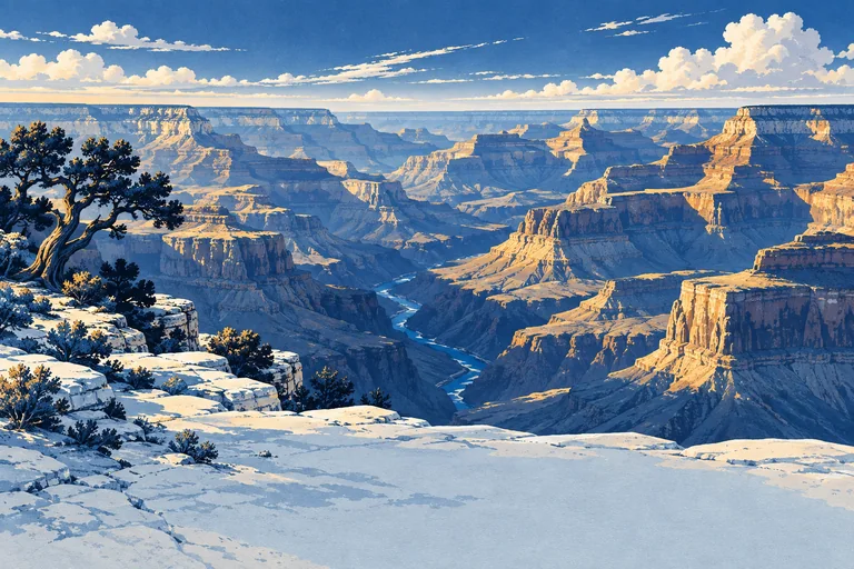 Layered Grand Canyon cliffs in gold and navy with a winding blue Colorado River