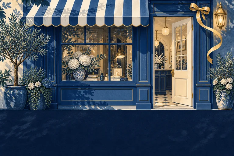 A blue-striped storefront awning above an open cream doorway and a loose gold ribbon.