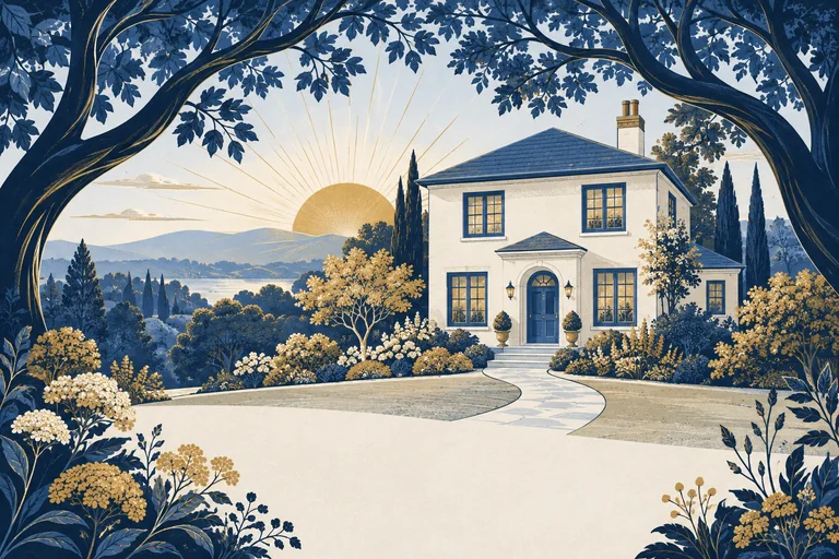 An original cream house with a blue door framed by blue branches and a golden sunrise