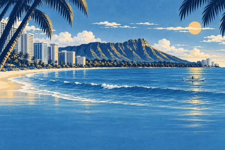 Diamond Head and Waikiki Beach in layered ocean blues with navy palms and an ivory canoe