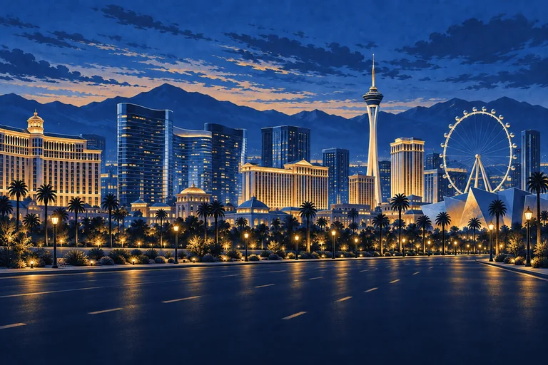 Blue-hour Las Vegas towers and a golden observation wheel above a lit boulevard, beneath desert mountains