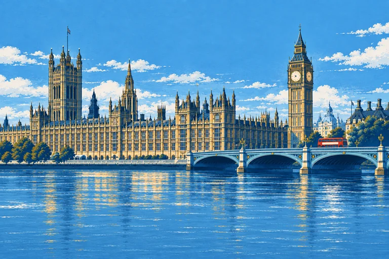 Westminster and Elizabeth Tower above the Thames with a small red double-decker bus