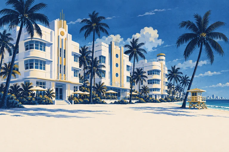 Cream Miami Art Deco buildings and navy palms beside a blue ocean and quiet sandy beach