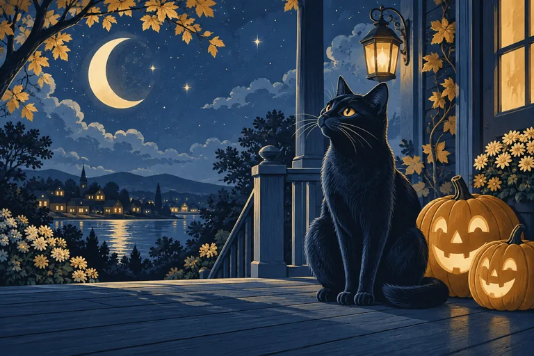 A friendly dark-blue cat and golden pumpkins under a crescent moon
