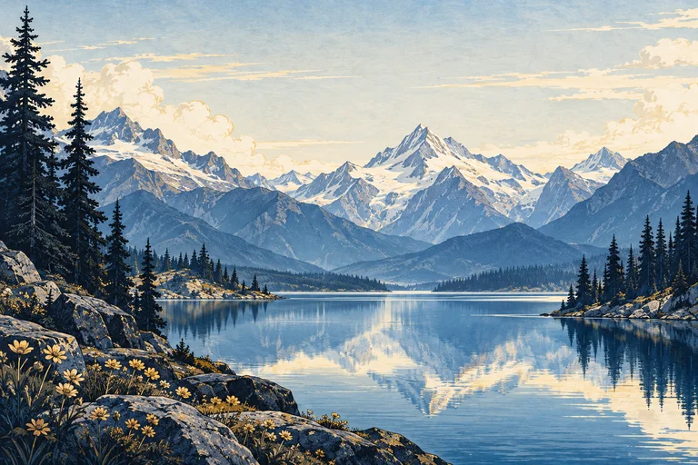 Blue alpine mountains reflected in a quiet lake, framed by pines and golden wildflowers