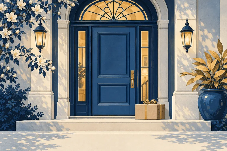 An inviting blue front door, cream doorstep and a neatly tied moving box