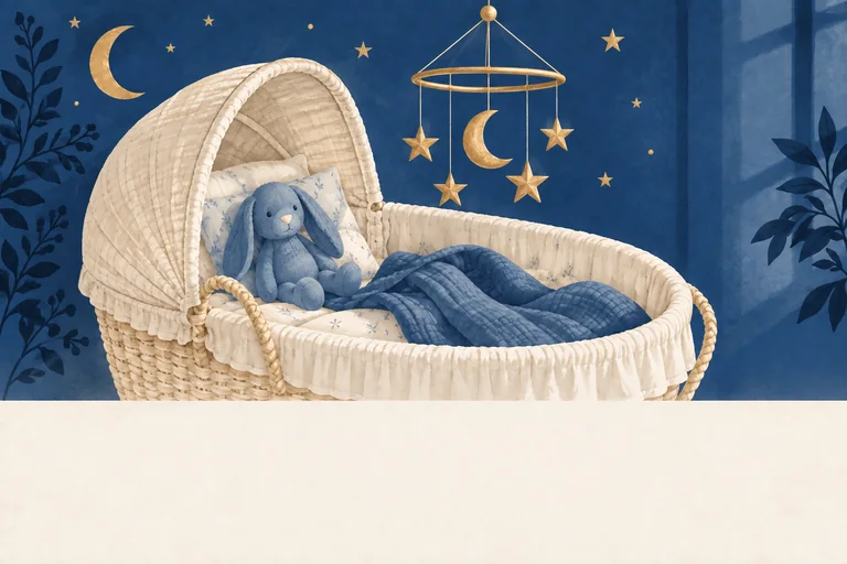 A cream bassinet with a blue blanket and toy bunny beneath a small gold star mobile.