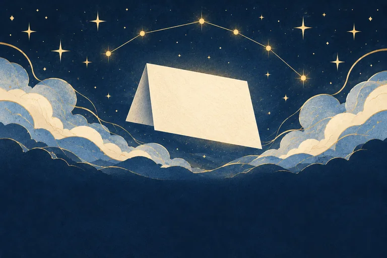 A blank cream folded note beneath a delicate golden constellation in a navy night sky.