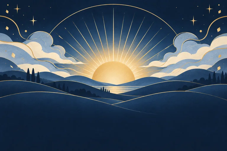A gold sunrise over postal-blue hills with a few golden stars and confetti
