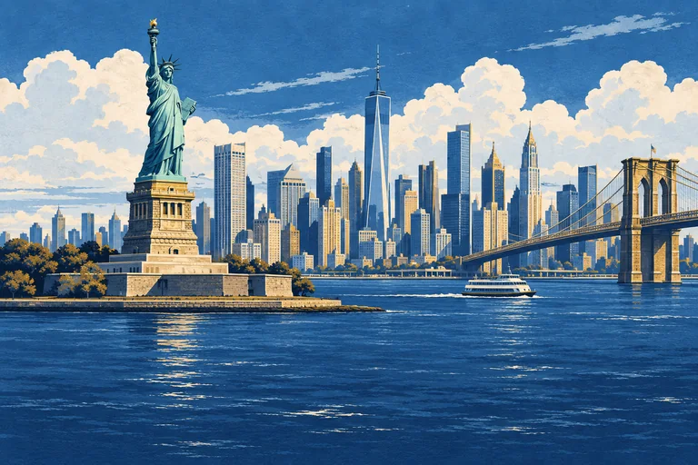 A blue screenprint of the Statue of Liberty, Manhattan skyline and Brooklyn Bridge above quiet harbor water