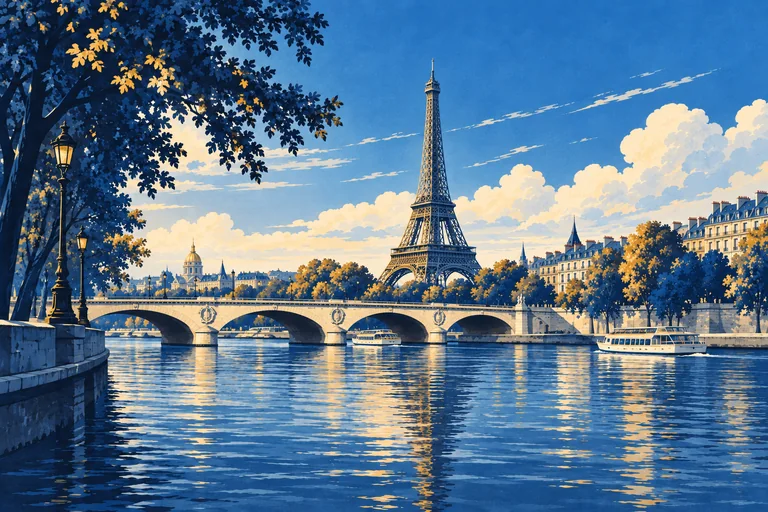 The Eiffel Tower and a cream stone bridge above the blue Seine in morning light