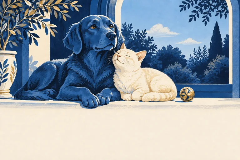A blue dog and cream cat sit together beneath an arched window beside a small gold toy ball.