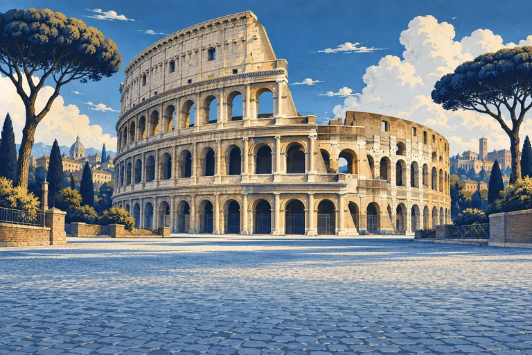 The cream Colosseum framed by navy umbrella pines and pale-blue Roman stonework