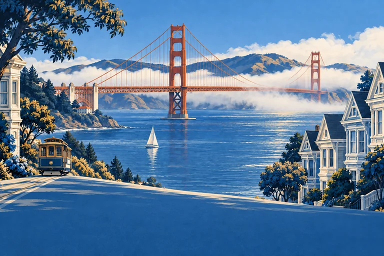 The Golden Gate Bridge above a blue bay with a cable car and cream San Francisco houses